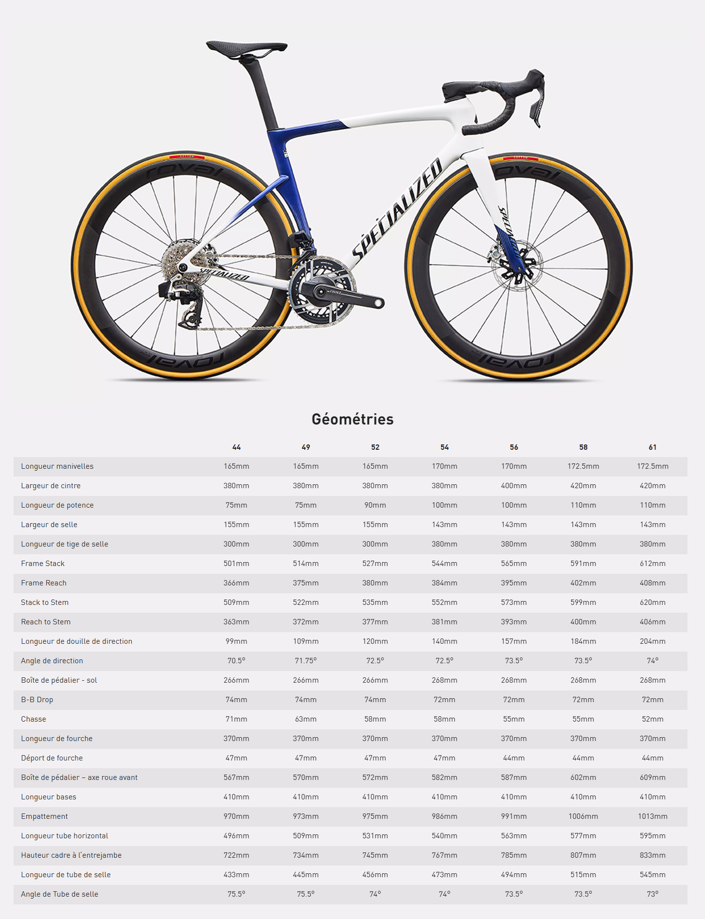 Guide de taille du vélo Tarmac SL9 S-Level année 2027